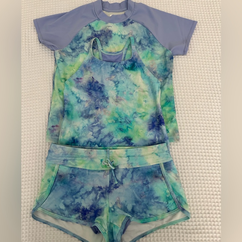 Athleta Girls Blue/Green Tie Dye 3pc Swim Set L/12 M/10 NWOT